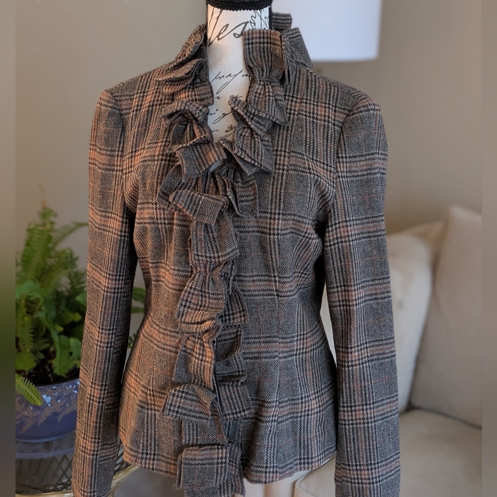 Boston Proper Gray Plaid Ruffle Blazer